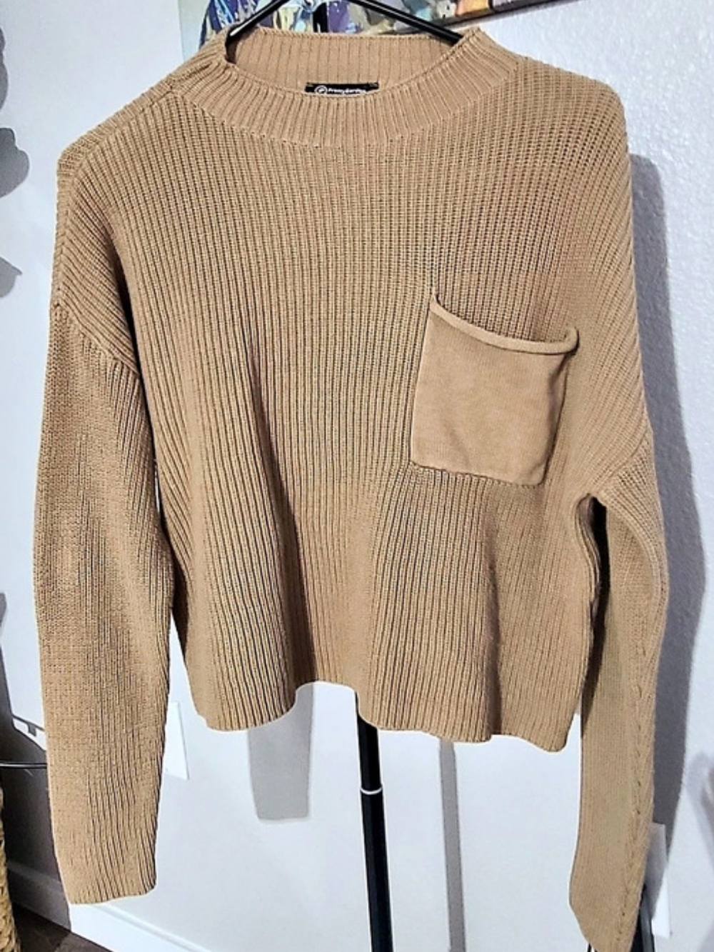PrettyGarden Tan Ribbed Pocket Sweater S